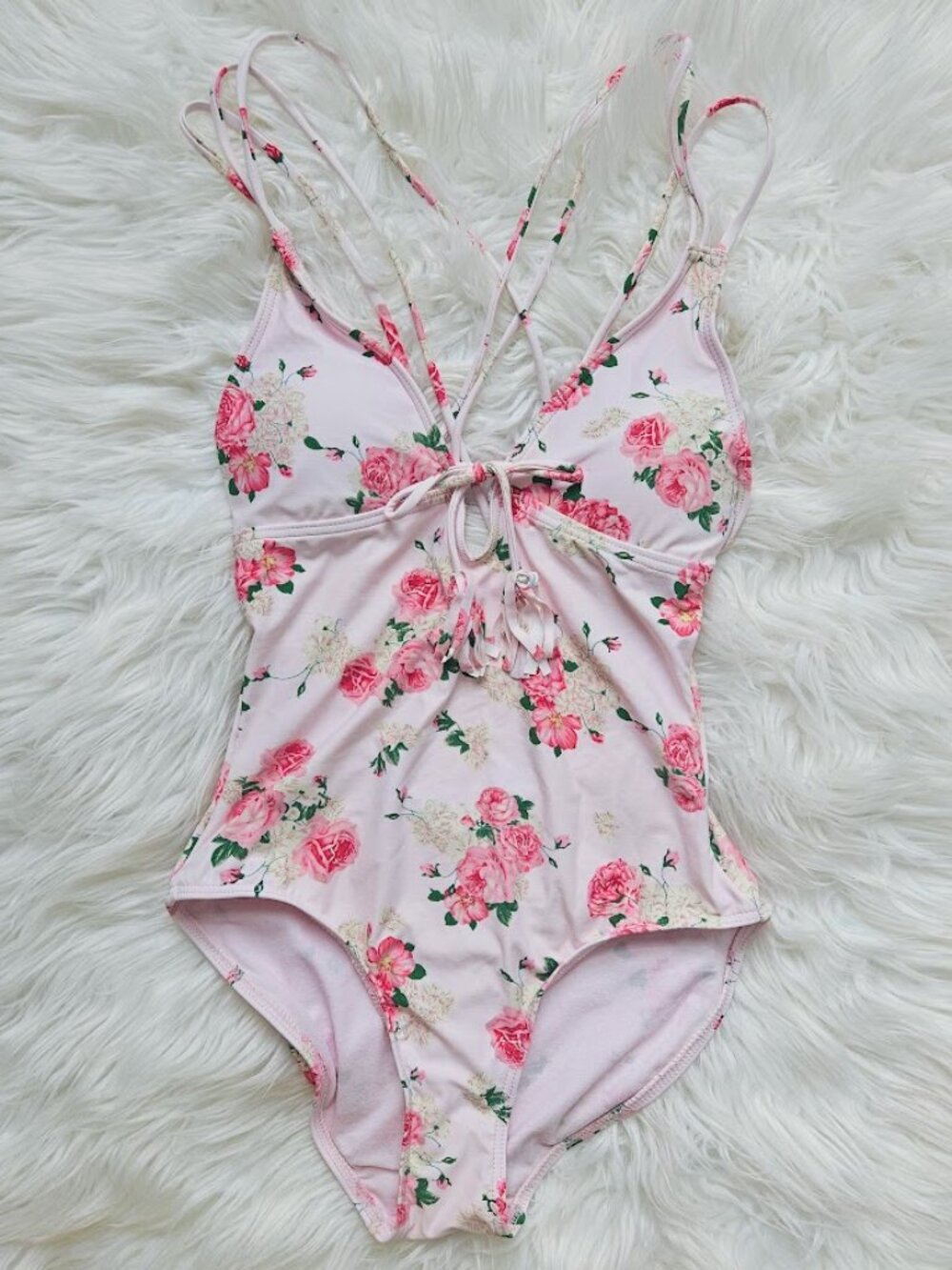 Cikada Pink Rose Tassel Strappy Low Back Floral One Piece Swimsuit Small Kawaii